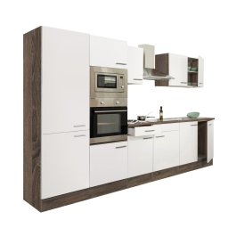 Mobila de bucatarie modulara Leziter Yorki 330 cm, stejar Yorki si alb satinat, cu dulap cu raft