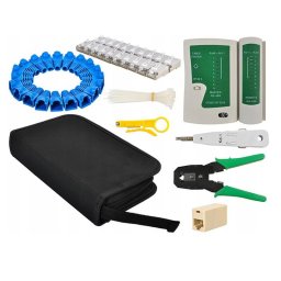Kit instrumente pentru retea LAN cu tester cabluri, cleste sertizare si mufe RJ45