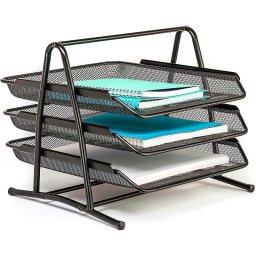 Suport documente etajat A4 cu 3 tavi din plasa metalica, negru, 30x28x26 cm