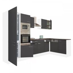 Mobila bucatarie de colt Yorki 340 cm, alb cu fronturi antracit satinat, cu frigider