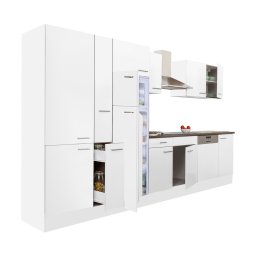 Mobila de bucatarie modulara Leziter Yorki 370 cm, alb satinat, cu dulapuri si rafturi