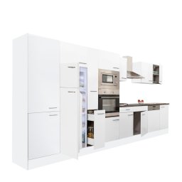 Mobila bucatarie modulara Leziter Yorki 430 cm, alb satinat, cu spatiu frigider