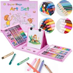 Trusa creativa pentru pictura si desen 208 piese, în valiza roz cu suport pliabil