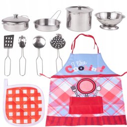 Set bucatarie copii 12 piese cu sort chef, oale, tigaie si ustensile