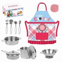 Set accesorii bucatarie pentru copii cu sort si vase metalice, 12 piese