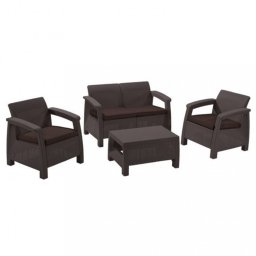 Set mobilier gradina Curver Corfu maro cu perne taupe, 4 piese (canapea, 2 fotolii, masa)