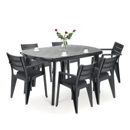 Set mobilier de gradina Curver Eljulie 6+1 din plastic, grafit, masa cu loc umbrela