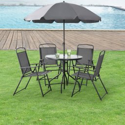 Set mobilier de gradina Milagro cu masa, 4 scaune si umbrela, gri închis