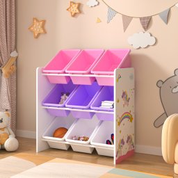 Raft pentru jucarii copii cu 9 cutii, model unicorn, alb/lila/roz