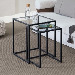 Set 2 mese laterale Holstebro, sticla transparenta si metal negru