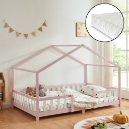 Pat copii tip casuta Treviolo 120x200 cm cu saltea si protectie roz/alb