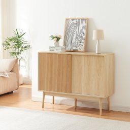 Comoda living Landskrona cu usi glisante, aspect stejar, 115x40x90 cm