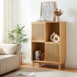 Biblioteca din bambus Ypäjä 120x84x39 cm cu usi glisante