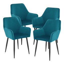 Set 4 scaune dining Hollola cu cotiere, catifea turcoaz