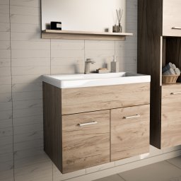 Dulap baie suspendat cu lavoar ceramic 61 cm, aspect stejar, Krildihana