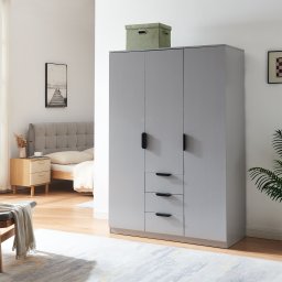 Dulap de haine gri cu 3 usi, 3 sertare si bare pentru umerase 176x120x52 cm
