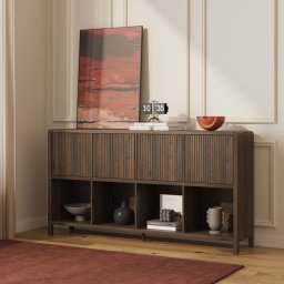 Comoda living Lukkodso 77x145x30 cm, finisaj nuc, 8 compartimente