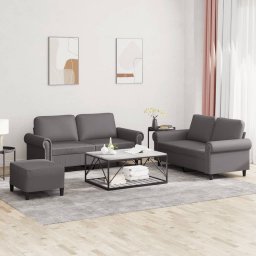 Set de canapele cu perne, 3 piese, gri, piele ecologica GartenMobel Dekor