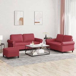 Set de canapele cu perne, 3 piese, rosu vin, piele ecologica GartenMobel Dekor