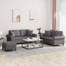 Set de canapele cu perne, 3 piese, gri, piele ecologica GartenMobel Dekor