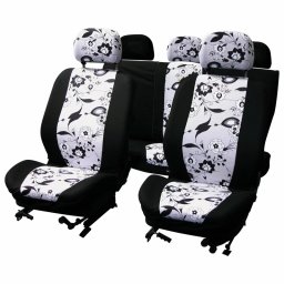 Huse scaun auto Black & White Flower, set 9 piese, alb-negru