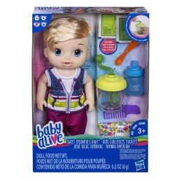 Papusa Baby Alive baietel blond cu lingurita si accesorii de hranire