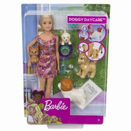 Papusa Barbie cu catelusi, set interactiv de ingrijire animale