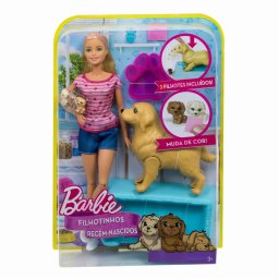 Papusa Barbie blonda cu catelusa si pui nou-nascuti, set interactiv