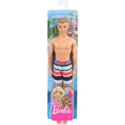 Papusa Ken la plaja, blond, cu costum de baie multicolor