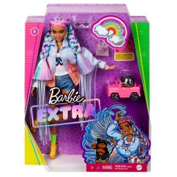 Papusa Barbie Extra cu codite curcubeu si catelus in masinuta roz