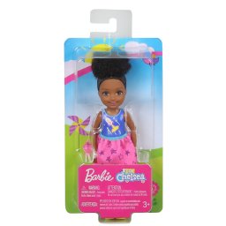 Papusa Barbie Chelsea bruneta cu rochita colorata si sandale galbene