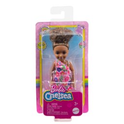 Papusa Barbie Chelsea satena cu par cret, rochita roz florala
