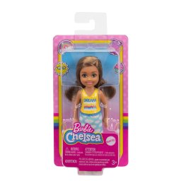 Papusa Barbie Chelsea satena cu bucle si rochie galbena cu imprimeu