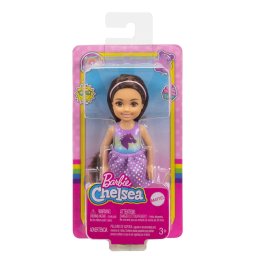 Papusa Barbie Chelsea satena cu bentita roz si rochita mov cu unicorni