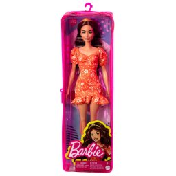 Papusa Barbie Fashionistas bruneta cu rochie rosie florala