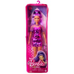 Papusa Barbie Fashionistas cu par mov si rochie cu umeri bufanti