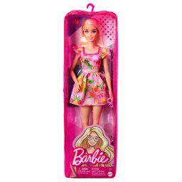 Papusa Barbie Fashionistas blonda cu ochelari si rochie roz cu fructe