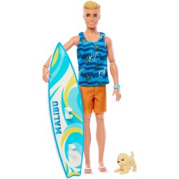 Papusa Barbie Ken Surfer cu placa de surf, catelus si accesorii de plaja