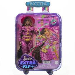 Papusa Barbie Extra Fly bruneta Safari cu 15 accesorii de calatorie