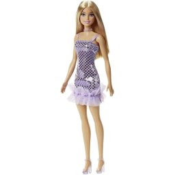 Papusa Barbie blonda cu rochita mov stralucitoare pentru petrecere