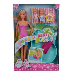 Papusa Steffi Love cu piscina, tobogan si 2 copii, set de joaca de vara