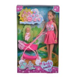 Papusa Steffi cu bebelus si carucior roz, 29 cm, Simba