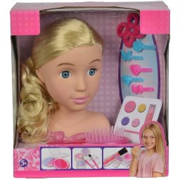 Bust papusa blonda cu accesorii de coafat si machiaj, 15 piese