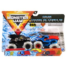 Set 2 masinute Monster Jam Batman si Superman Color Change, 1:64