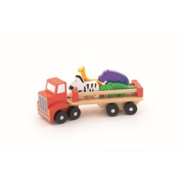 Camion din lemn cu animalute safari, multicolor, 27 cm