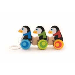 Jucarie din lemn de tras cu 3 pinguini, roti si snur, 1+ ani