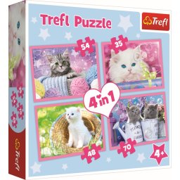 Puzzle Trefl 4 în 1 cu pisici adorabile, joc educativ pentru copii 5+ ani