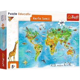 Puzzle educativ Harta lumii cu 104 piese pentru copii 4+ ani, Trefl