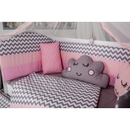Lenjerie pentru patut bebe MyKids Cloud gri-roz, 10 piese, 120x60 cm
