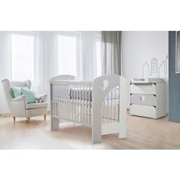 Set mobilier bebelusi Klups NEL HEART alb-gri cu patut, comoda si saltea